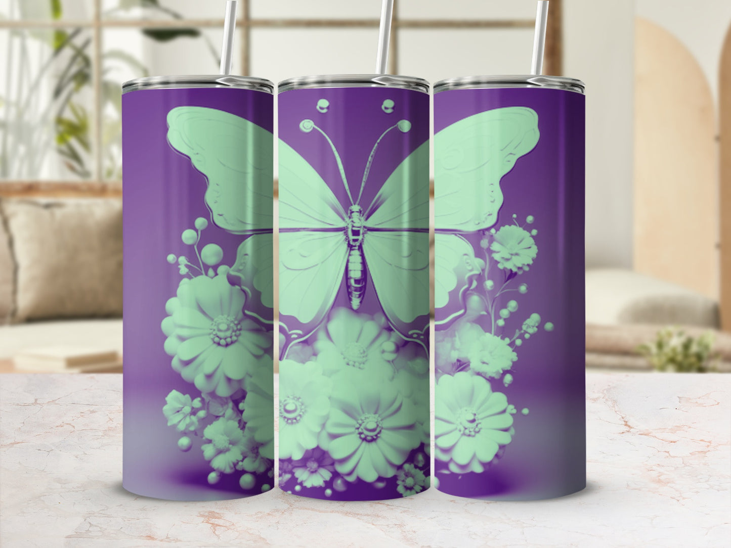 Purple tumbler with mint green butterfly and floral design.