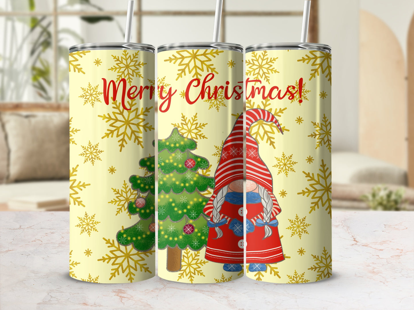 Yellow tumbler with Christmas tree, gnome, and Merry Christmas text.
