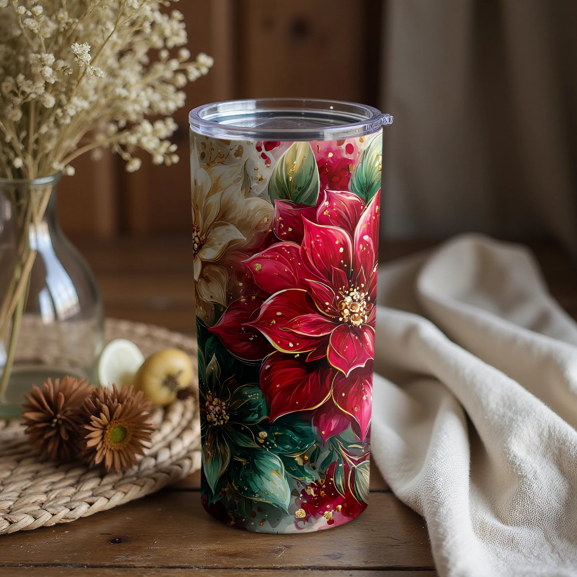 Festive Floral Insulated Tumbler With Lid Design