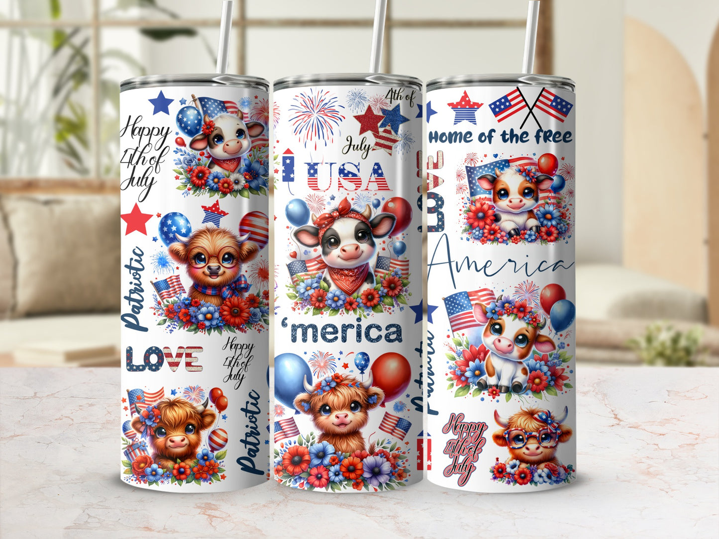 Three patriotic tumblers with cows, fireworks, and "America" text.