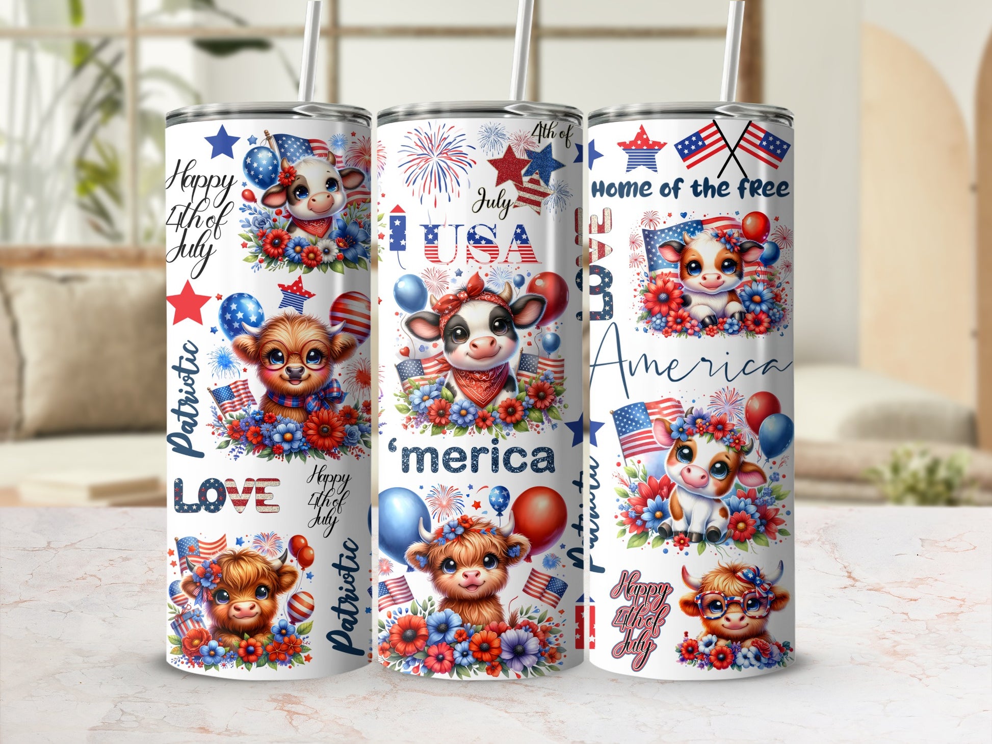 Three patriotic tumblers with cows, fireworks, and "America" text.