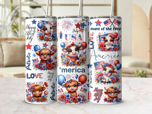 Three patriotic tumblers with cows, fireworks, and "America" text.