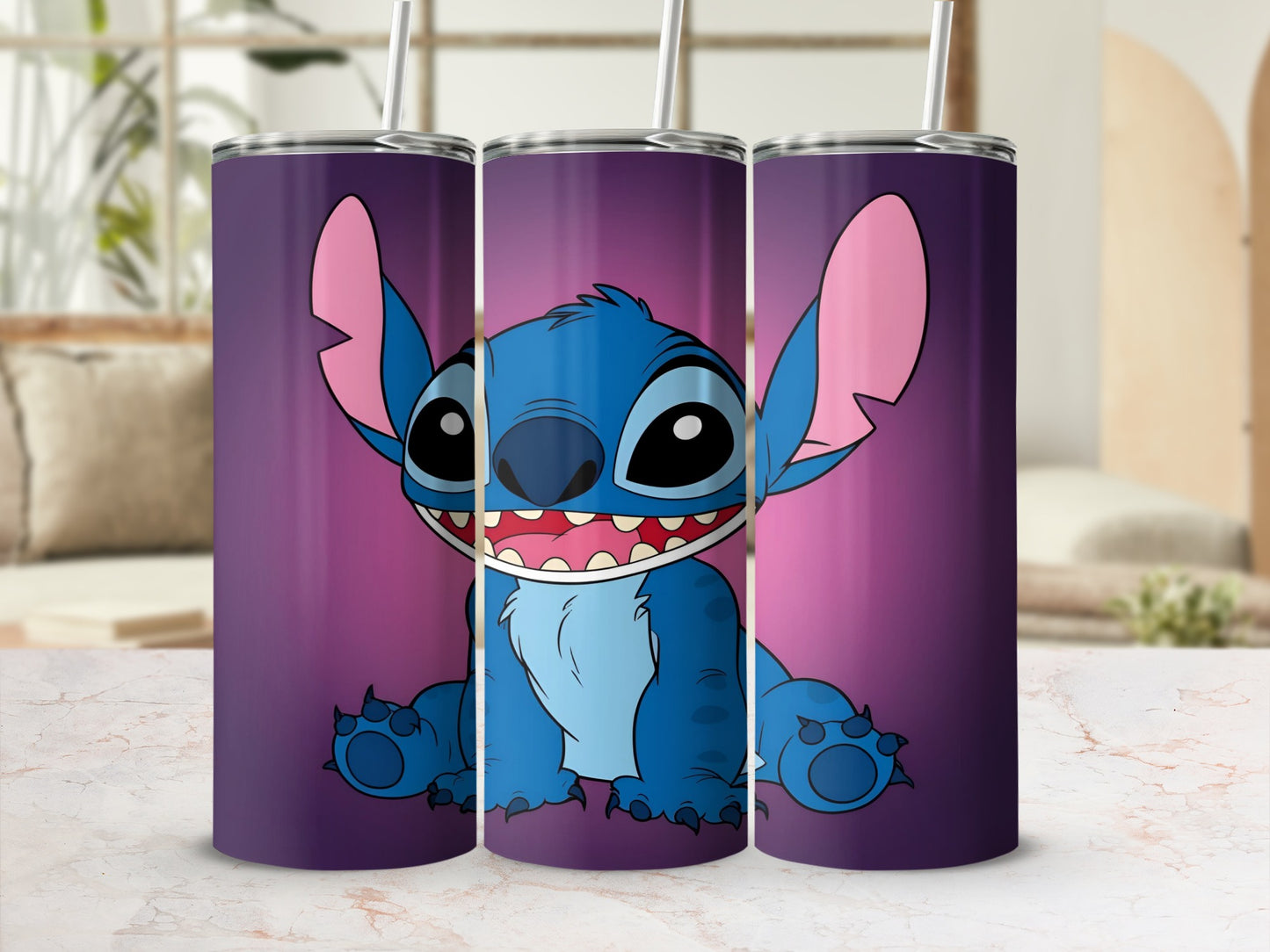 Blue Stitch character with wide smile on purple background.