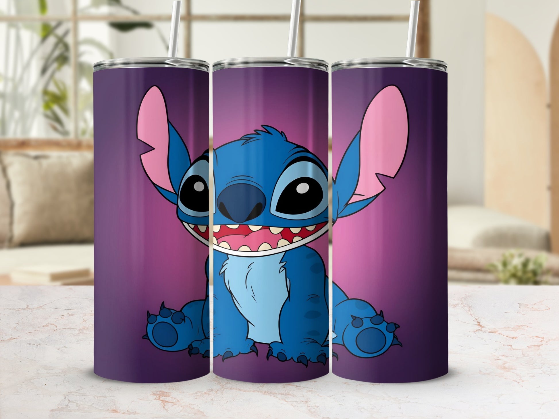 Blue Stitch character with wide smile on purple background.