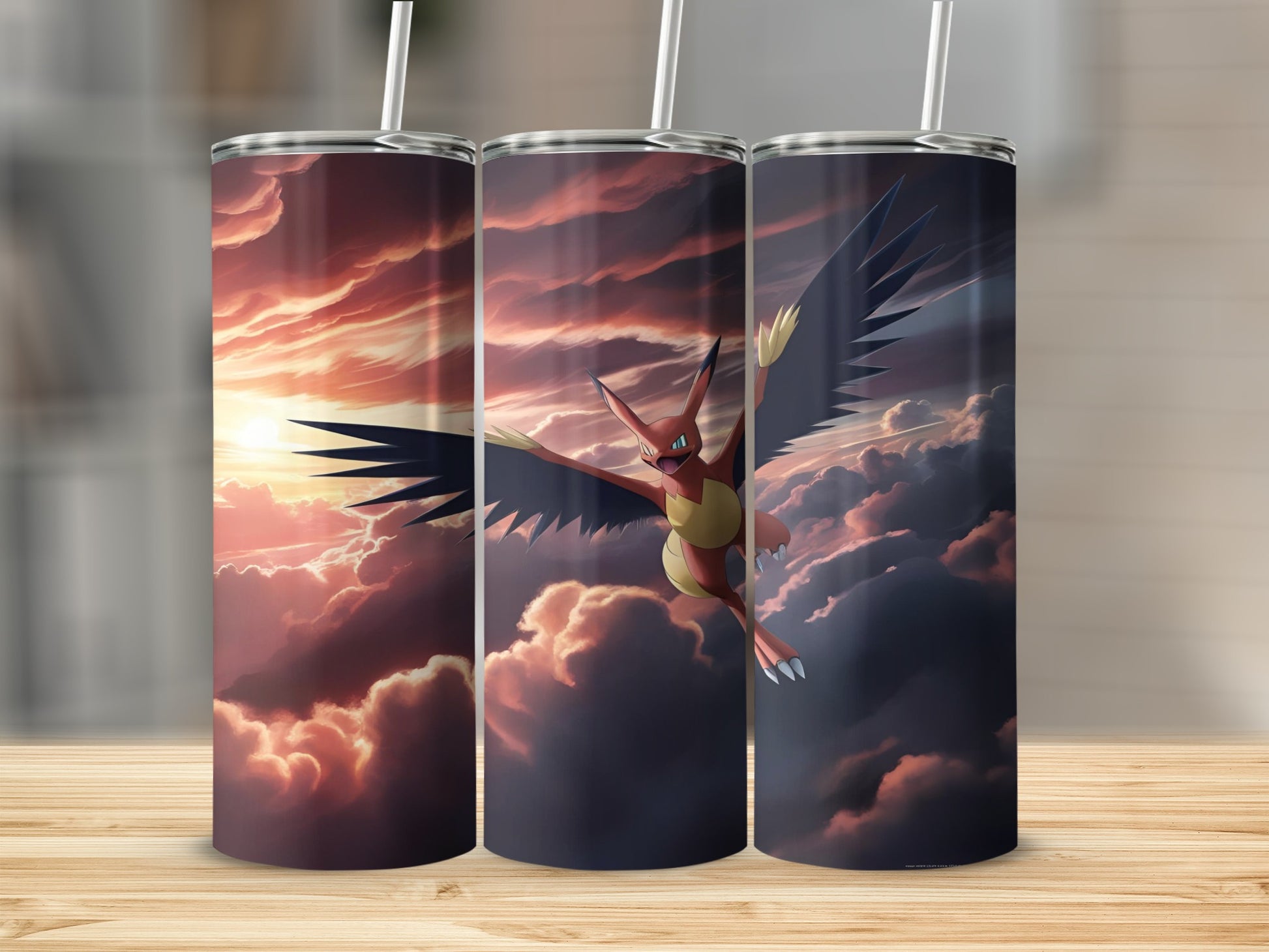 Talonflame soaring through a dramatic sunset sky.