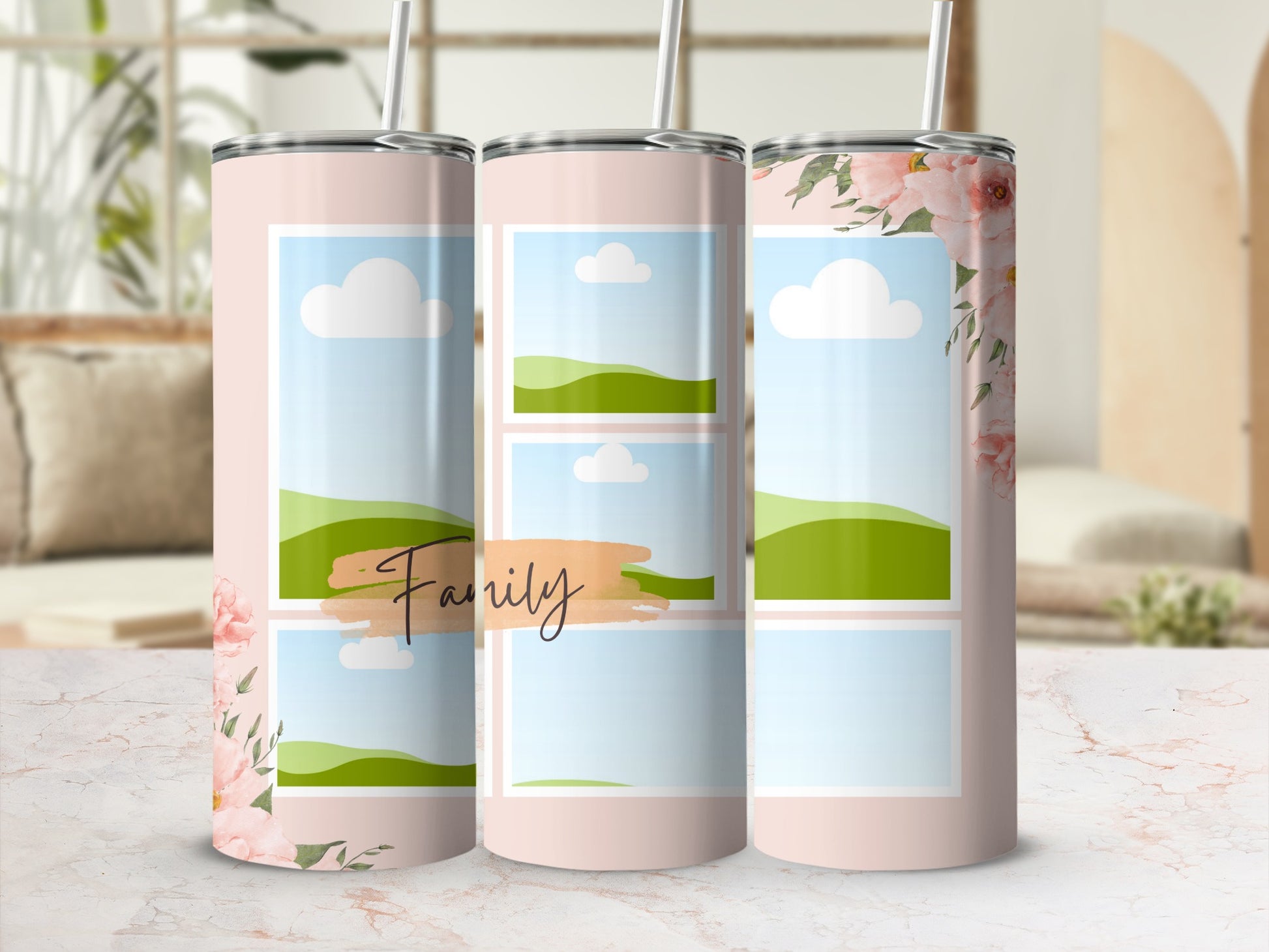 Three pink tumblers with floral accents and photo collage frames.