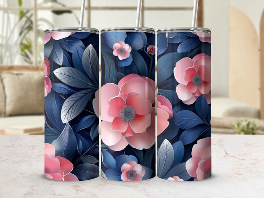 Three tumblers with large pink and blue floral patterns.