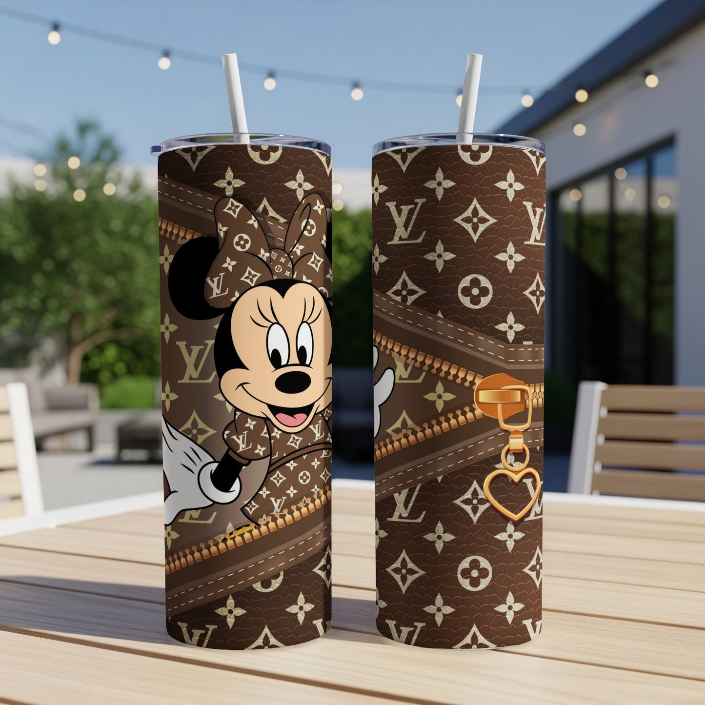 Minnie Mouse on brown tumbler with LV pattern and gold zipper detail.
