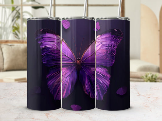 Purple butterfly tumbler with straws against a blurred background.