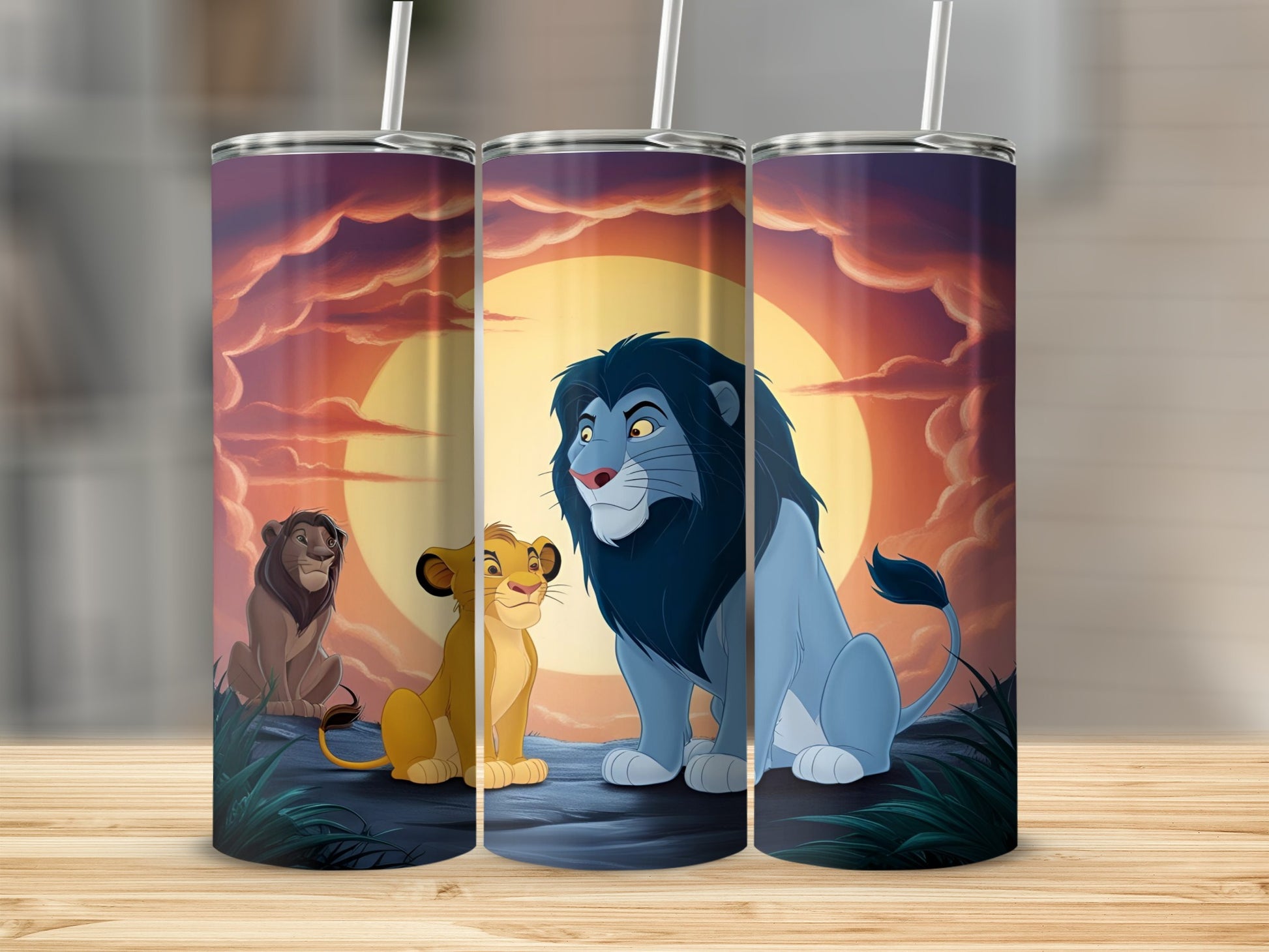 Three lions from The Lion King sitting under a large orange moon.