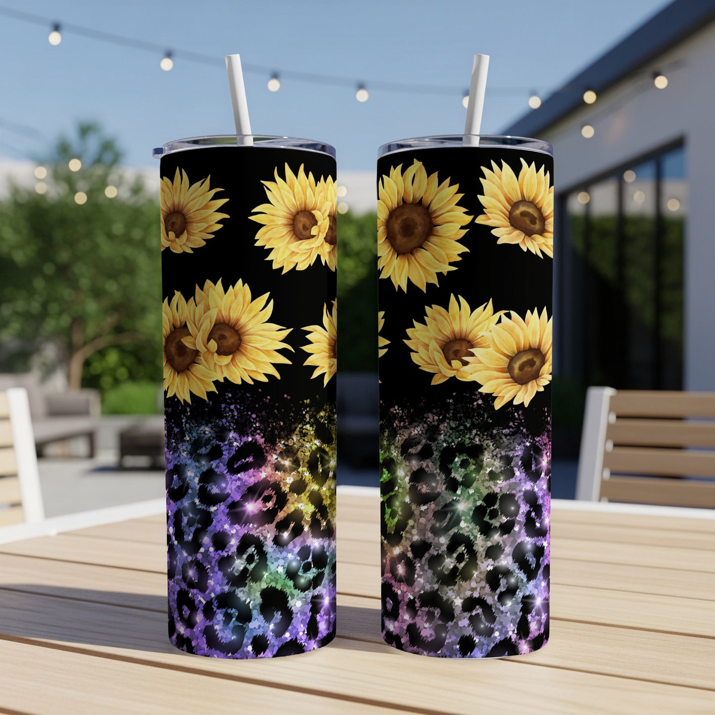 Two tumblers with sunflowers and leopard print design on black background.