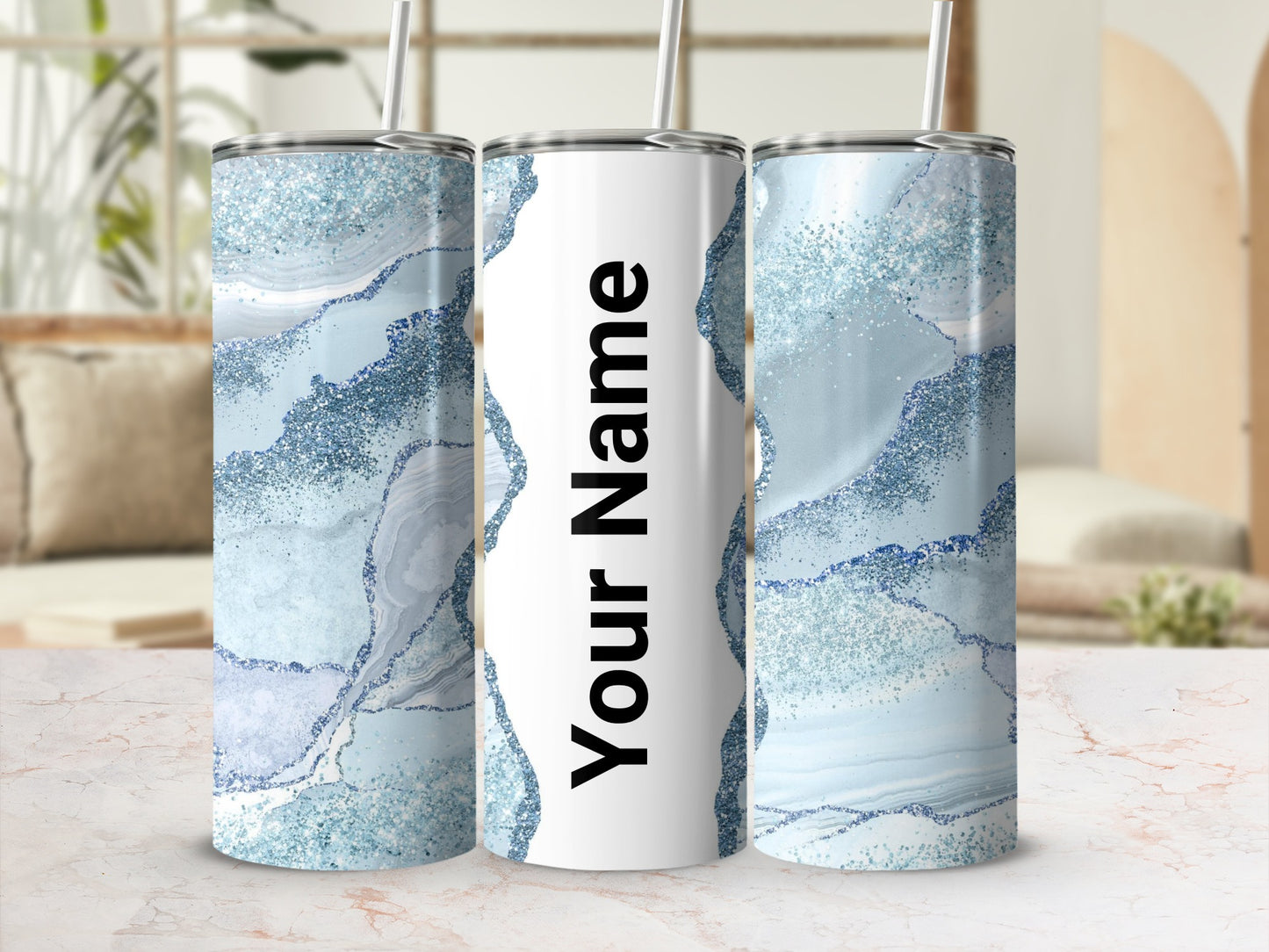 Custom Blue and White Glitter Tumbler with Your Name