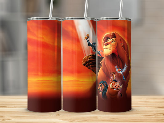 The Lion King characters Simba, Timon, Pumbaa, and Zazu on a sunset background.