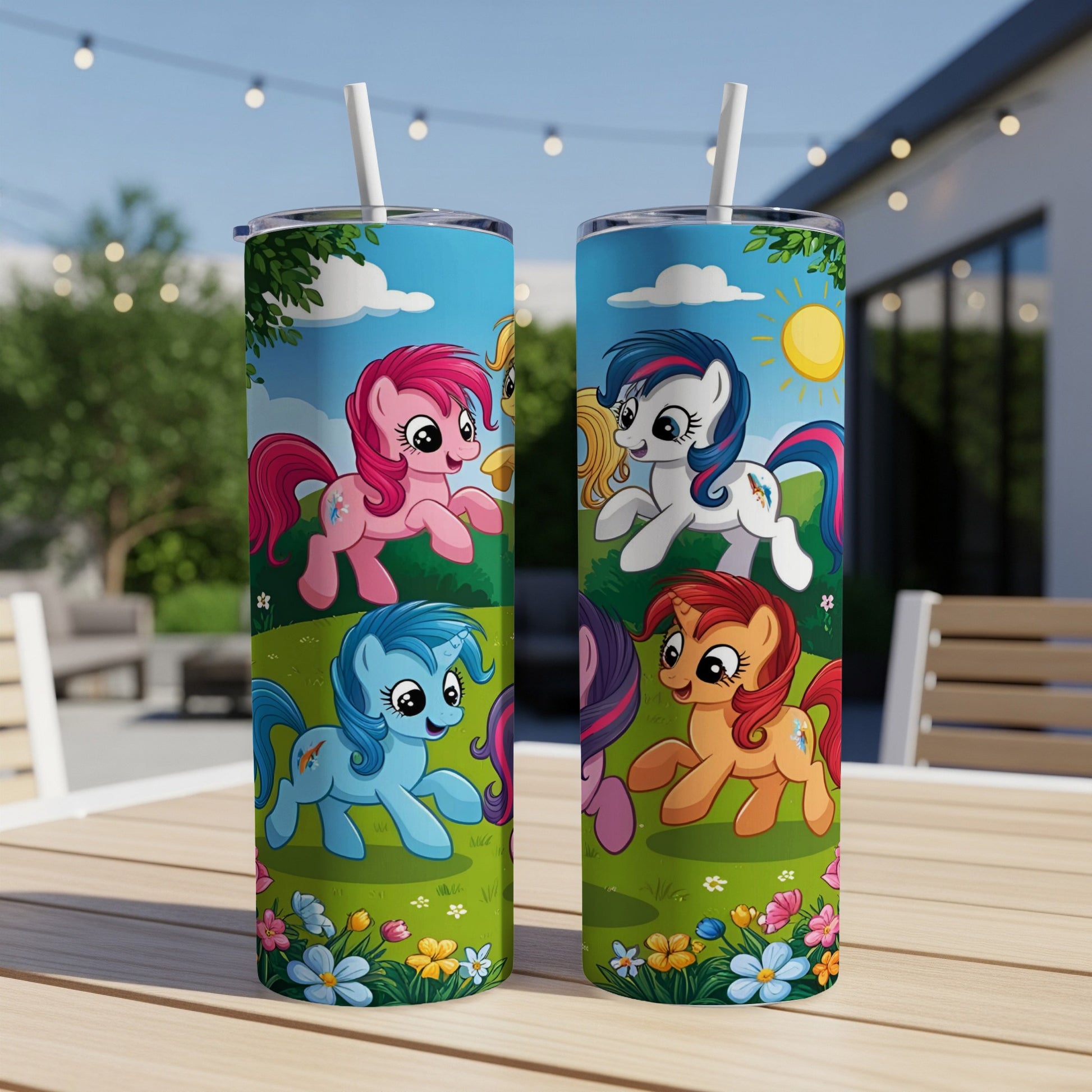 My Little Pony characters on a colorful tumbler with straws.