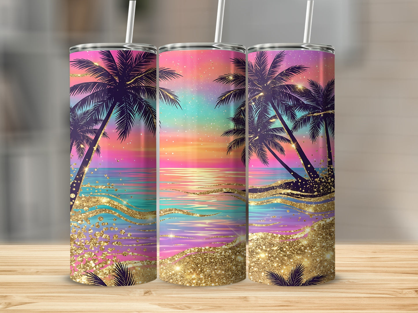 Three tumblers with a tropical beach sunset design and gold glitter accents.
