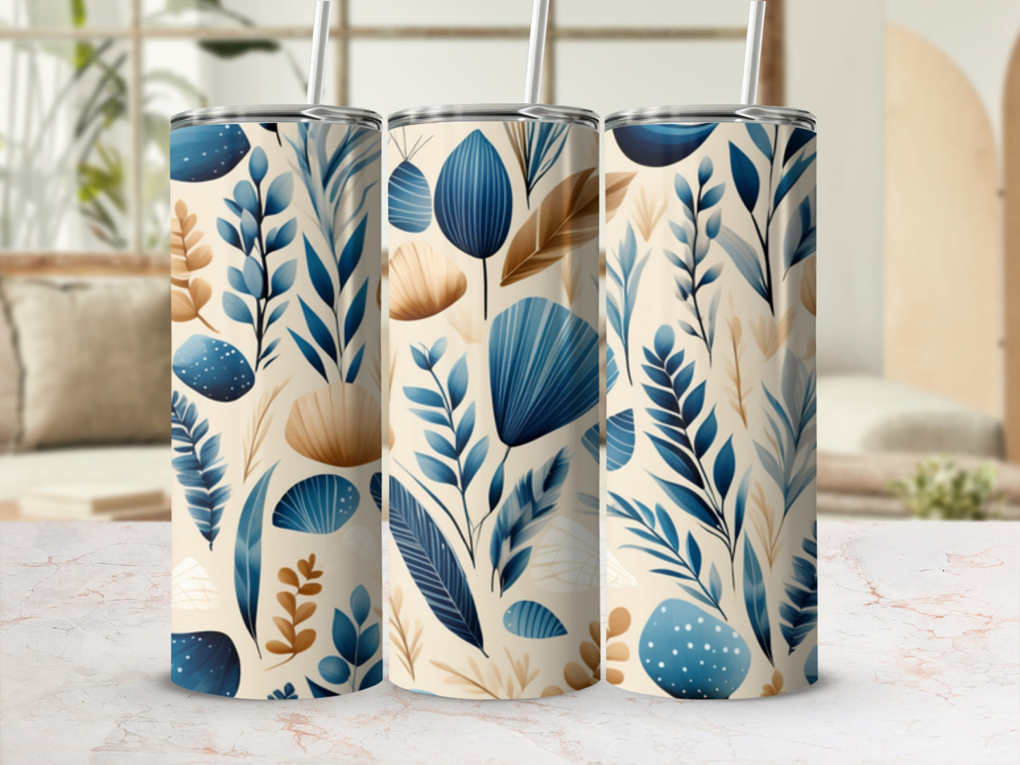 Three tall tumblers with a blue and beige botanical leaf pattern.