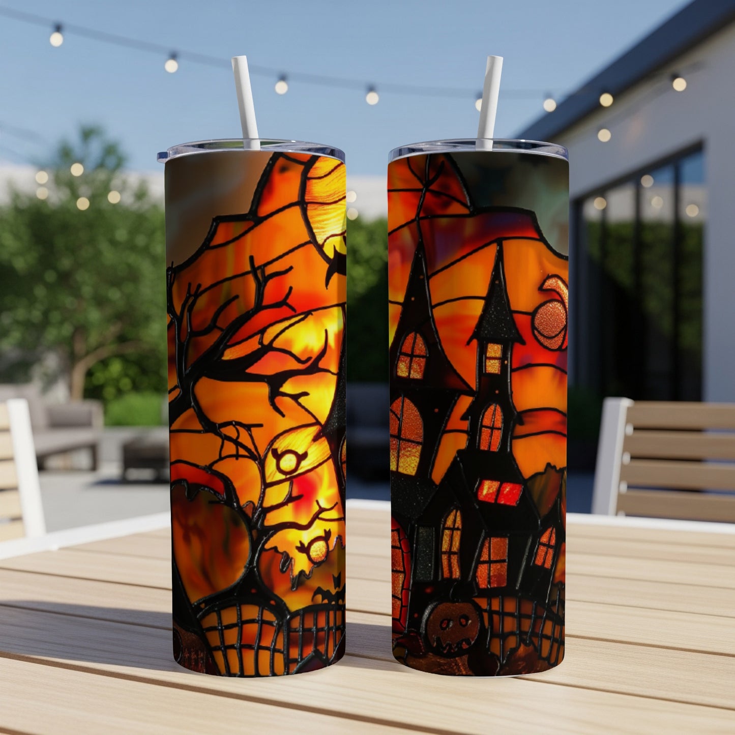 Halloween stained glass tumbler with spooky haunted house and pumpkin designs.