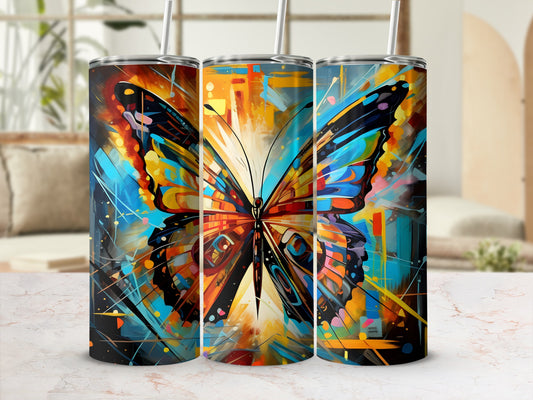 Three tumblers with vibrant abstract butterfly artwork.