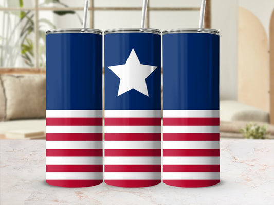 Three tall tumblers with American flag design and white straws.