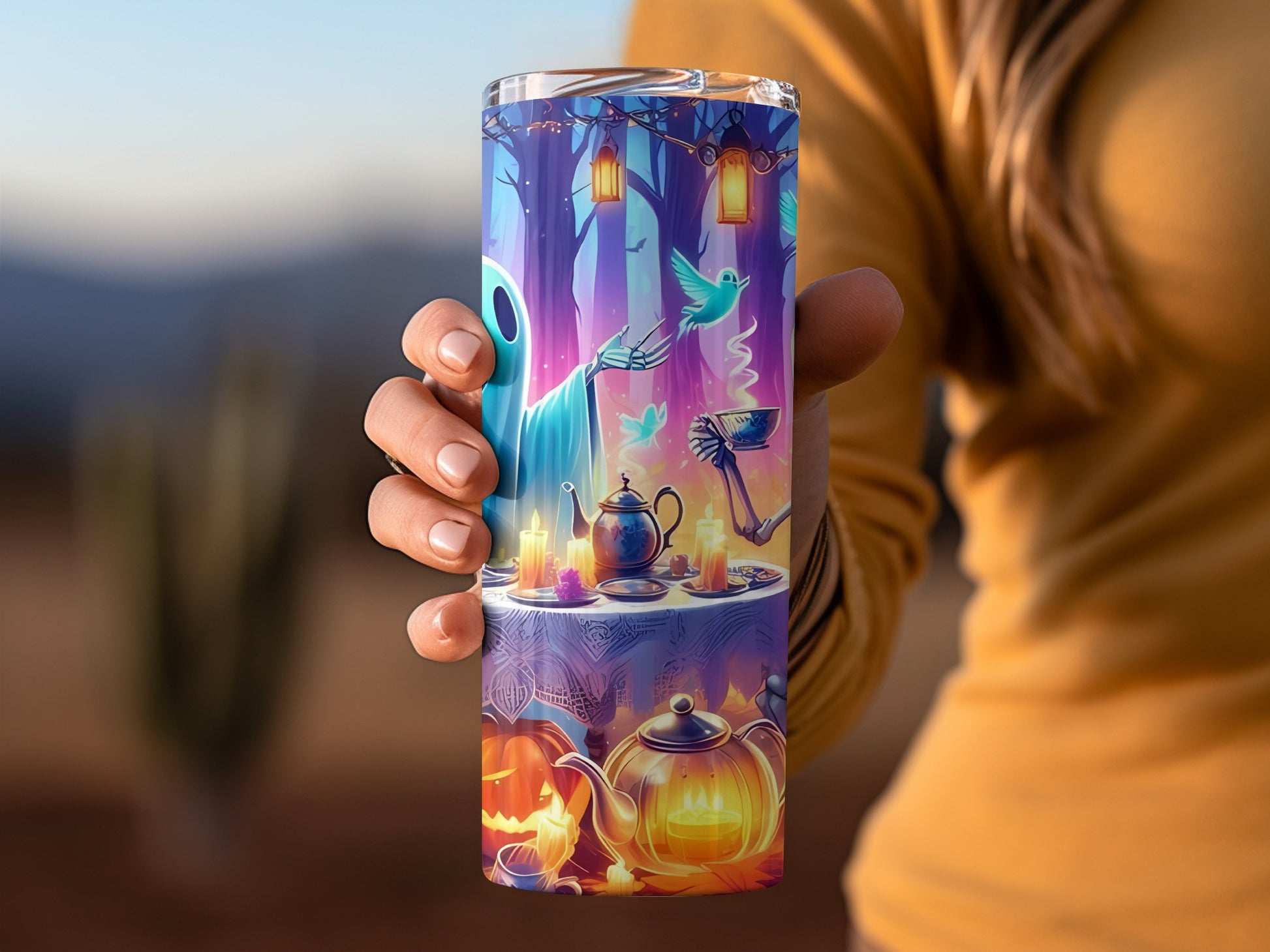 Halloween-themed Tumbler with Colorful Night Scene
