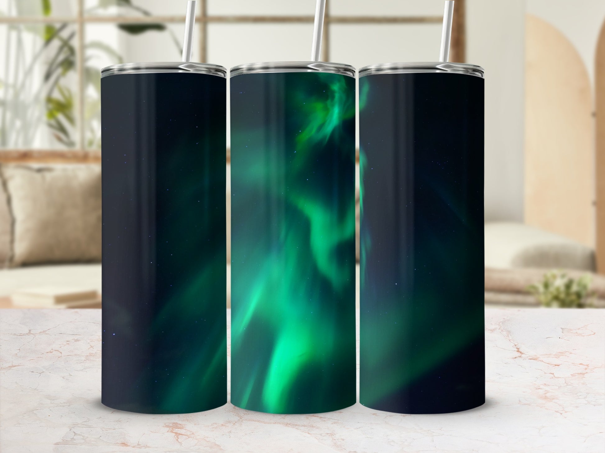 Northern Lights Design Tumbler Cup With Straw