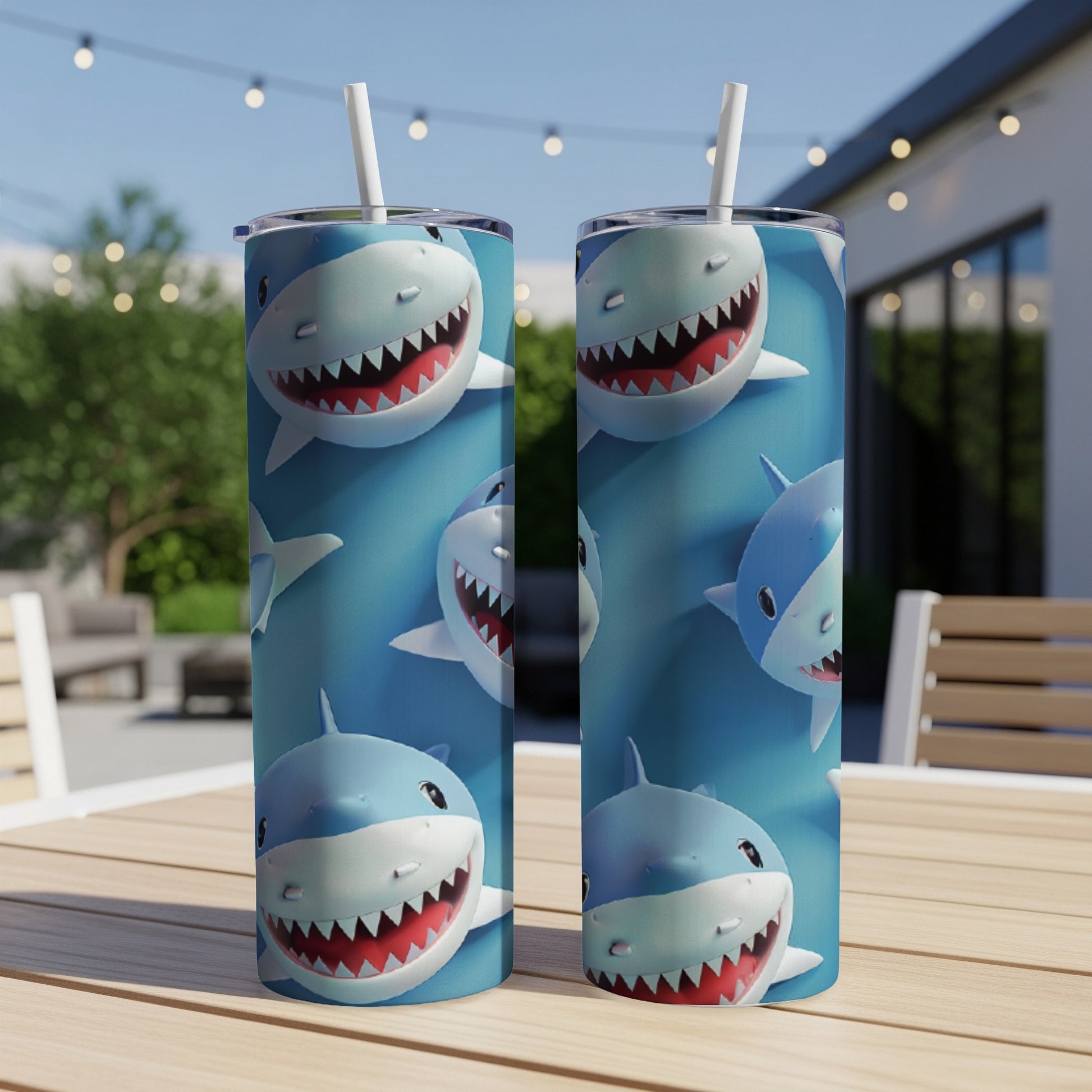 Two tumblers with smiling cartoon shark pattern on a wooden table.