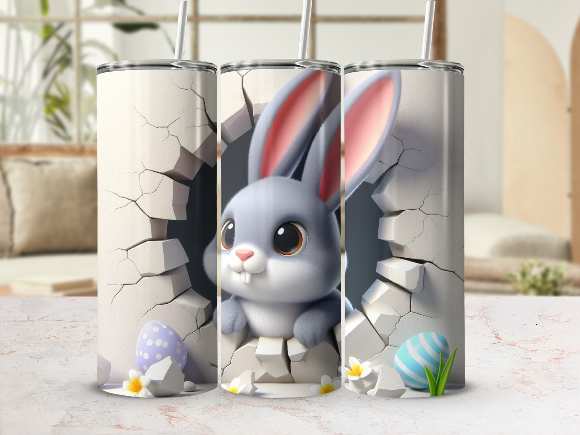 Cute gray bunny peeking through cracked wall with Easter eggs.