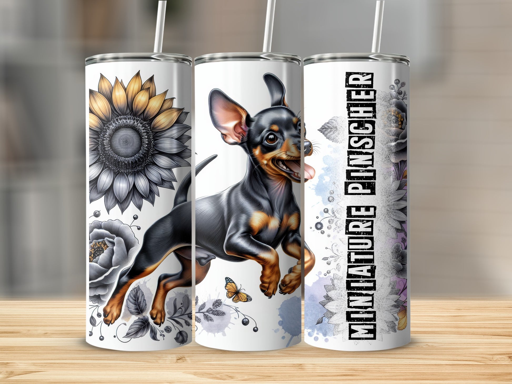 Miniature Pinscher dog with floral designs on a tumbler.