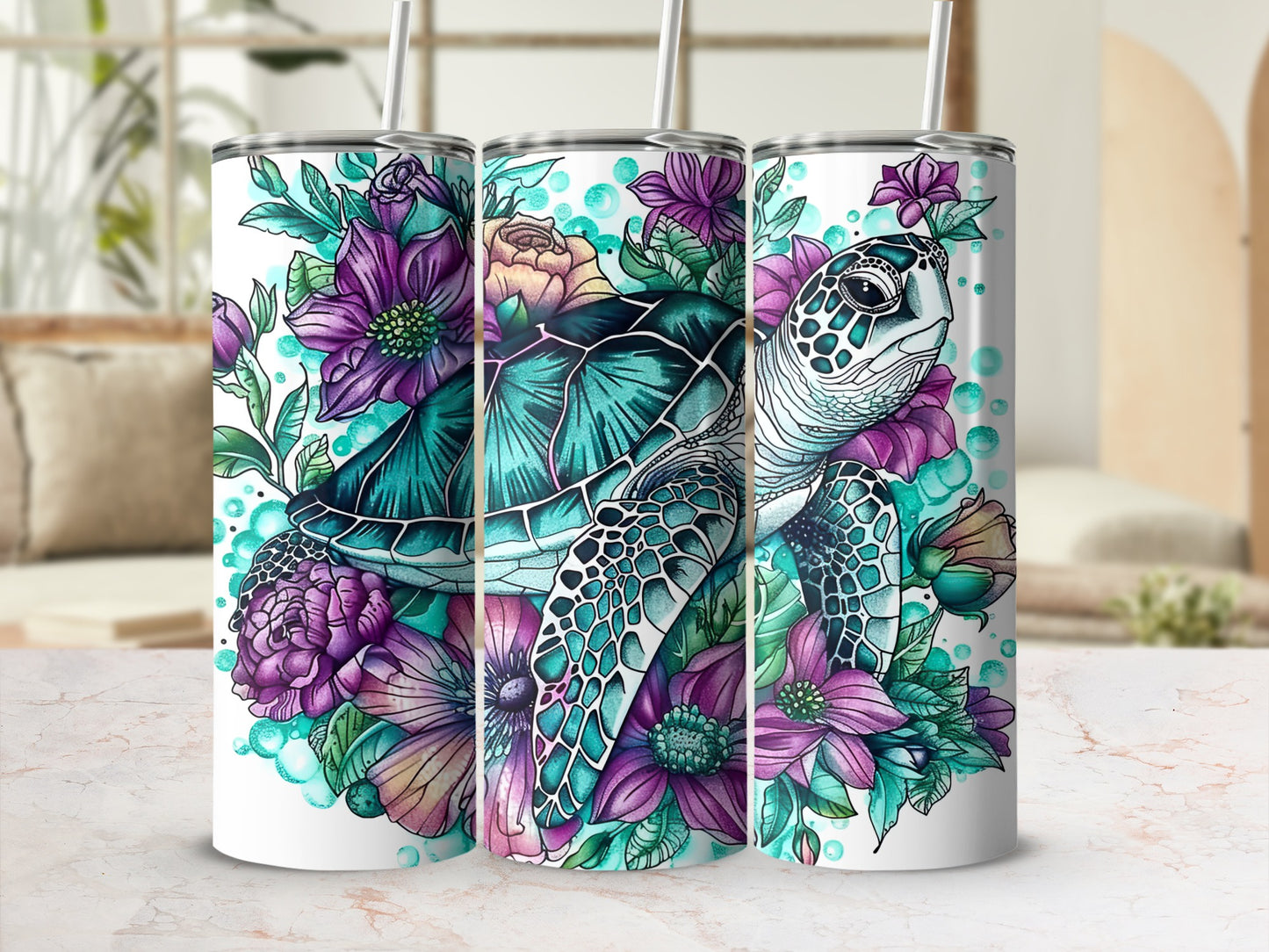 Green sea turtle with floral accents on a tumbler.