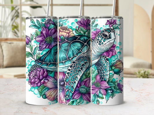 Green sea turtle with floral accents on a tumbler.