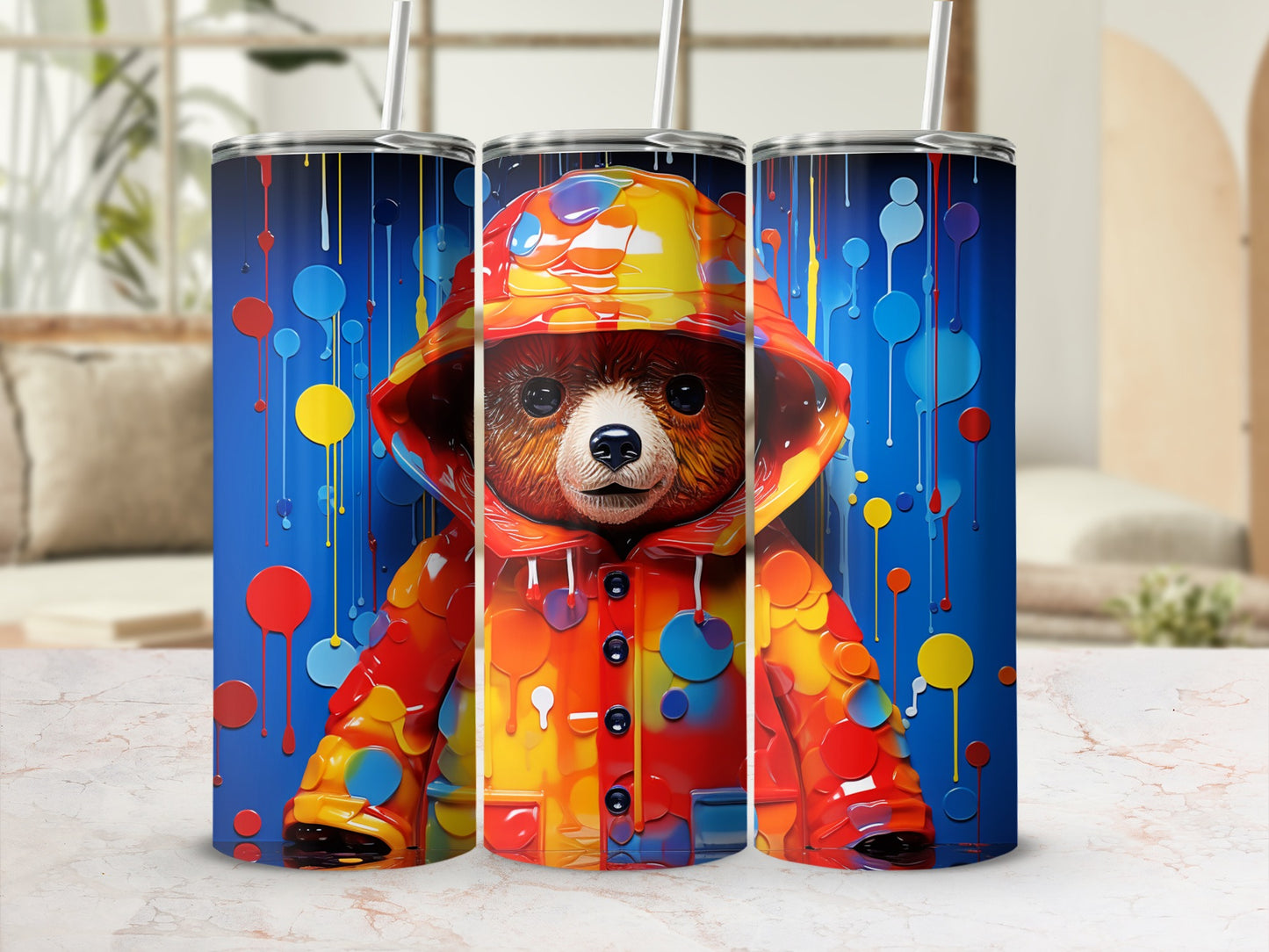Colorful Bear in Raincoat Tumbler with Straw 20oz