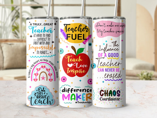 Teacher fuel and difference maker tumblers with motivational text.