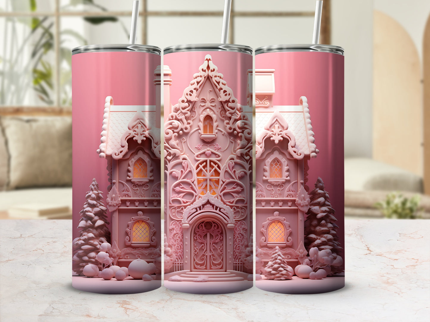 Pink gingerbread house tumbler with ornate architectural details and frosted trees.