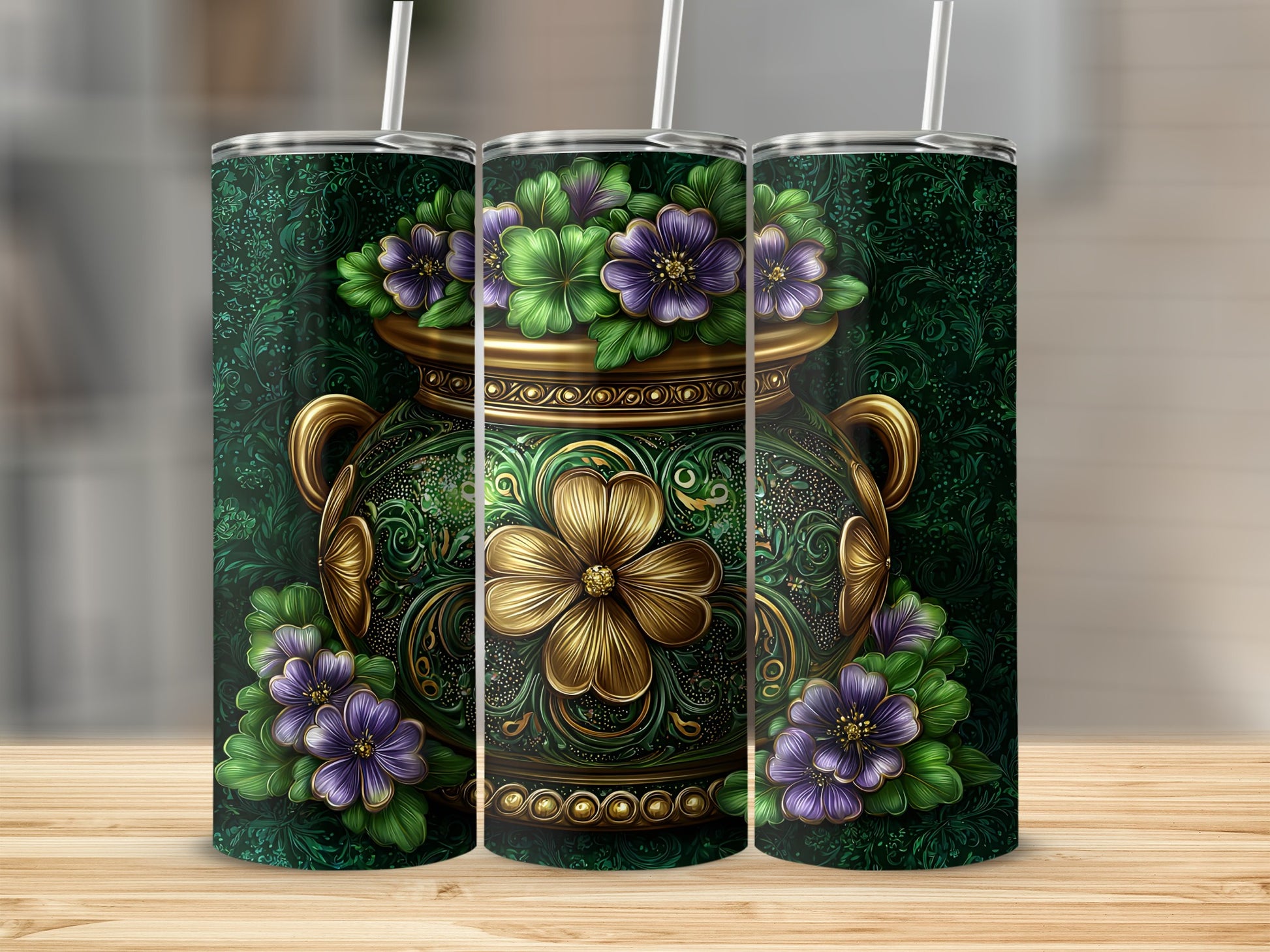 Elegant Floral Design Green Gold Vase Tumbler