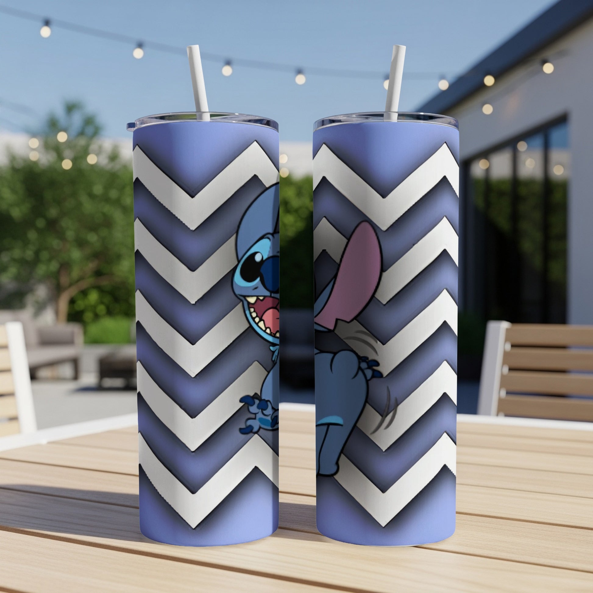 Two tall tumblers featuring Stitch on a chevron pattern.