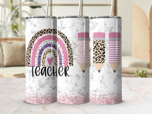 Teacher tumbler with rainbow, pencils, and glitter designs.