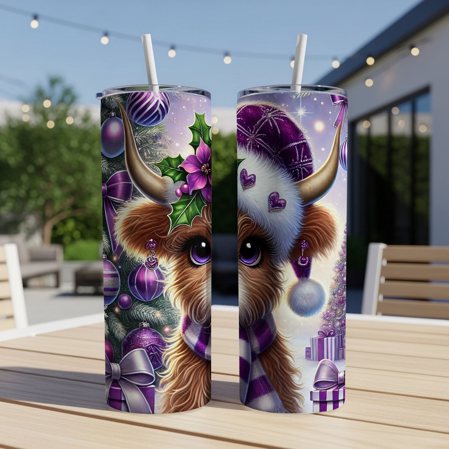 Two purple holiday themed tumblers featuring a cow wearing a Santa hat.