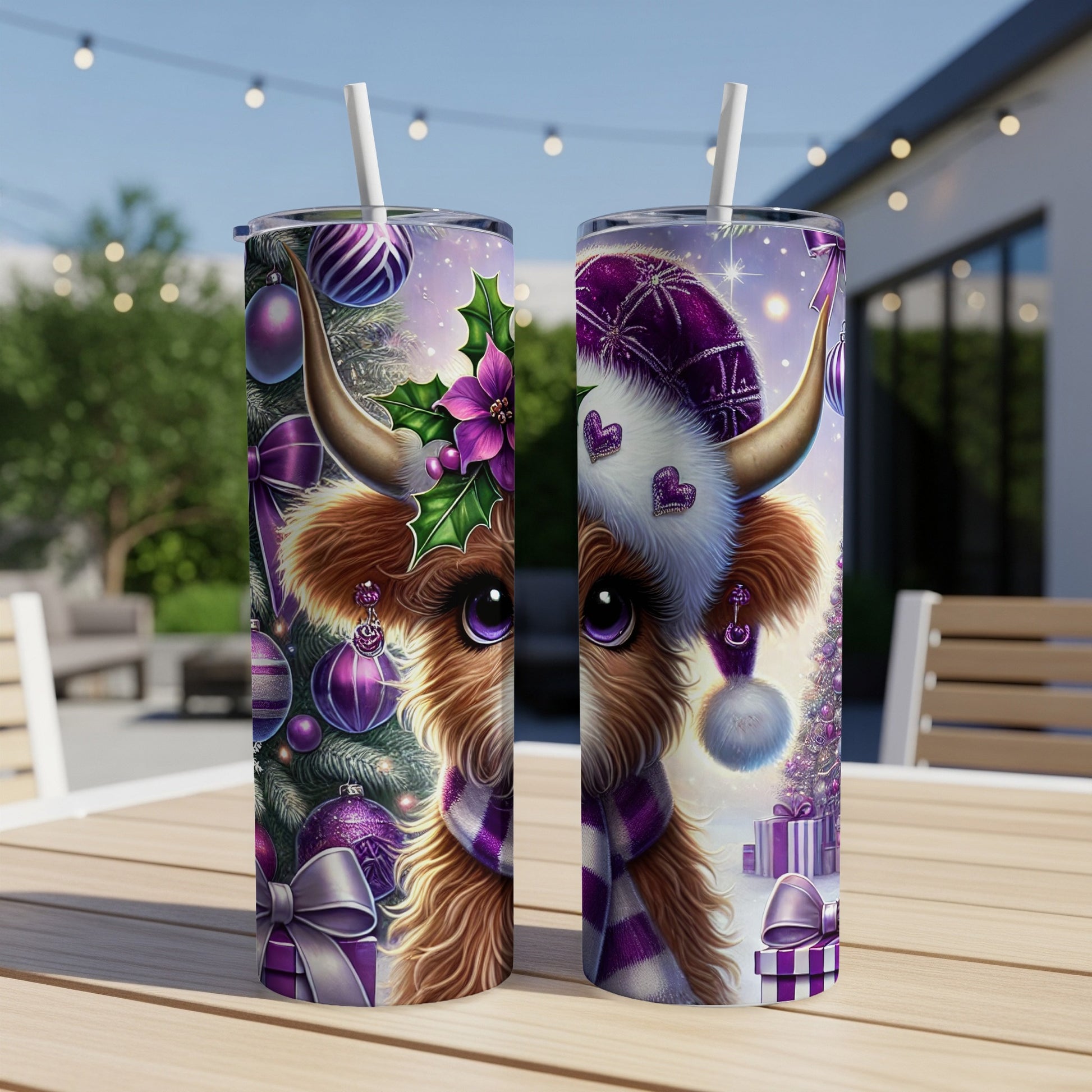 Two purple holiday themed tumblers featuring a cow wearing a Santa hat.