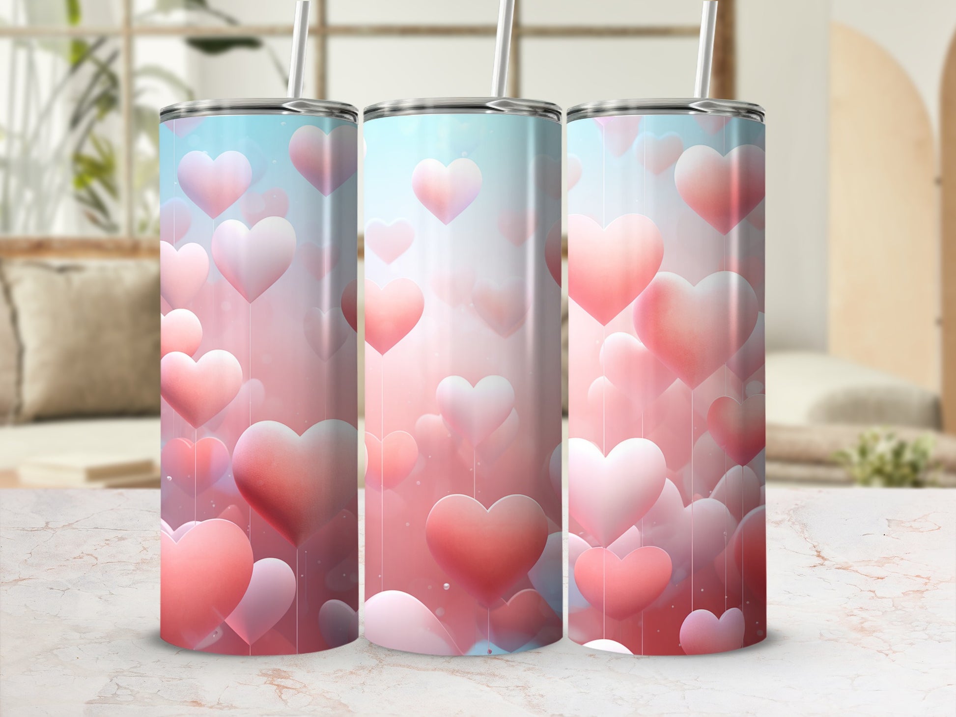 Pastel Heart Pattern Tumbler with Straw Beverage Container