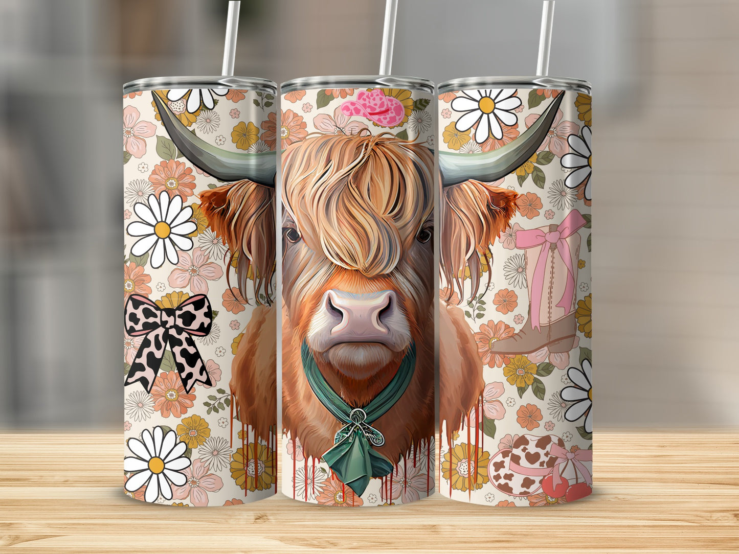 Floral Highland Cow Tumbler with Bows and Flowers Design