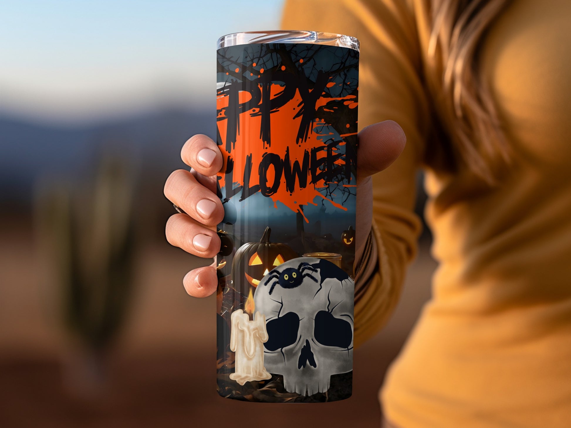 Spooky Halloween Skull and Pumpkin Tumbler Cup