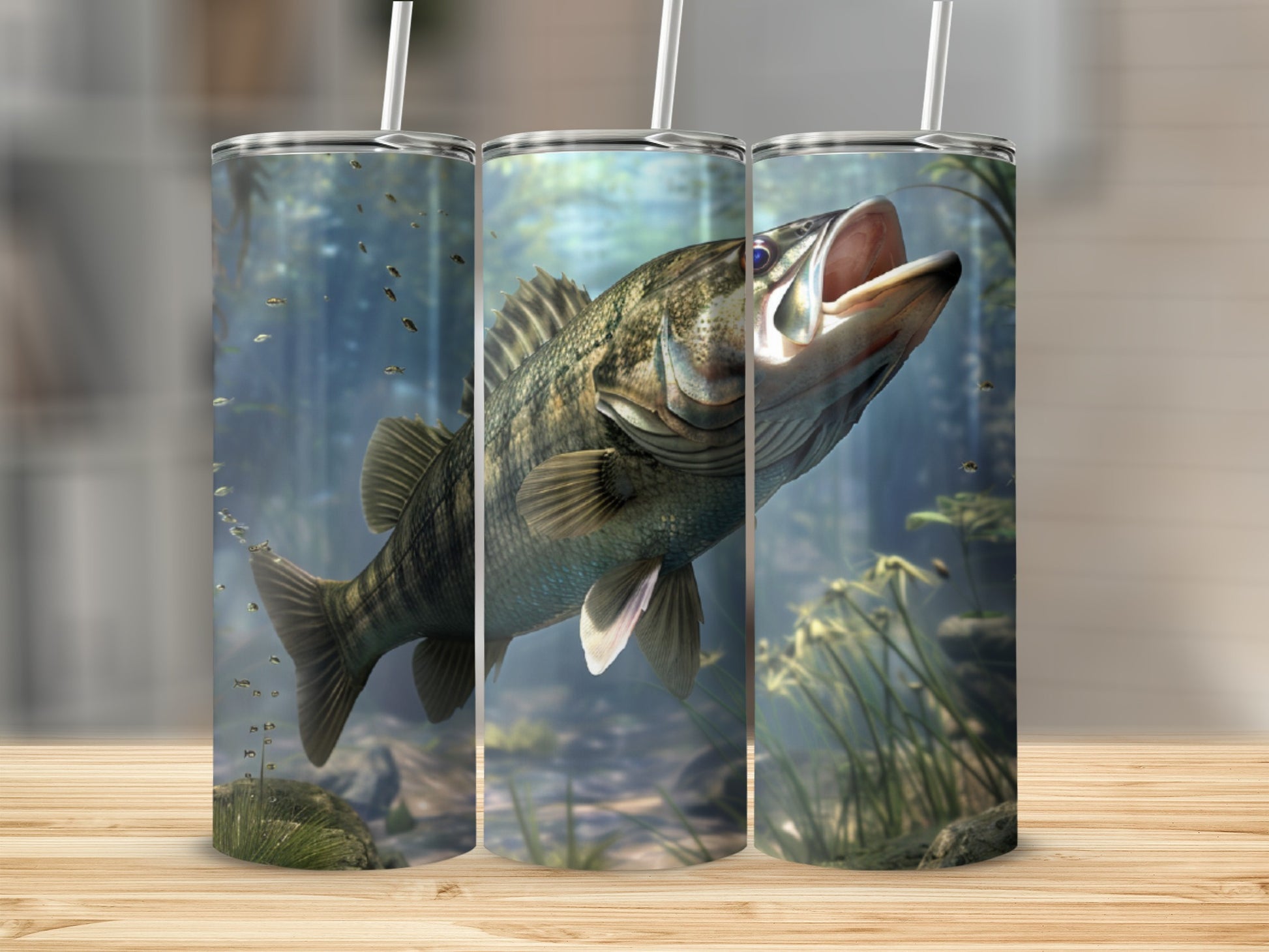 Largemouth bass leaping from water with underwater plants and pebbles.