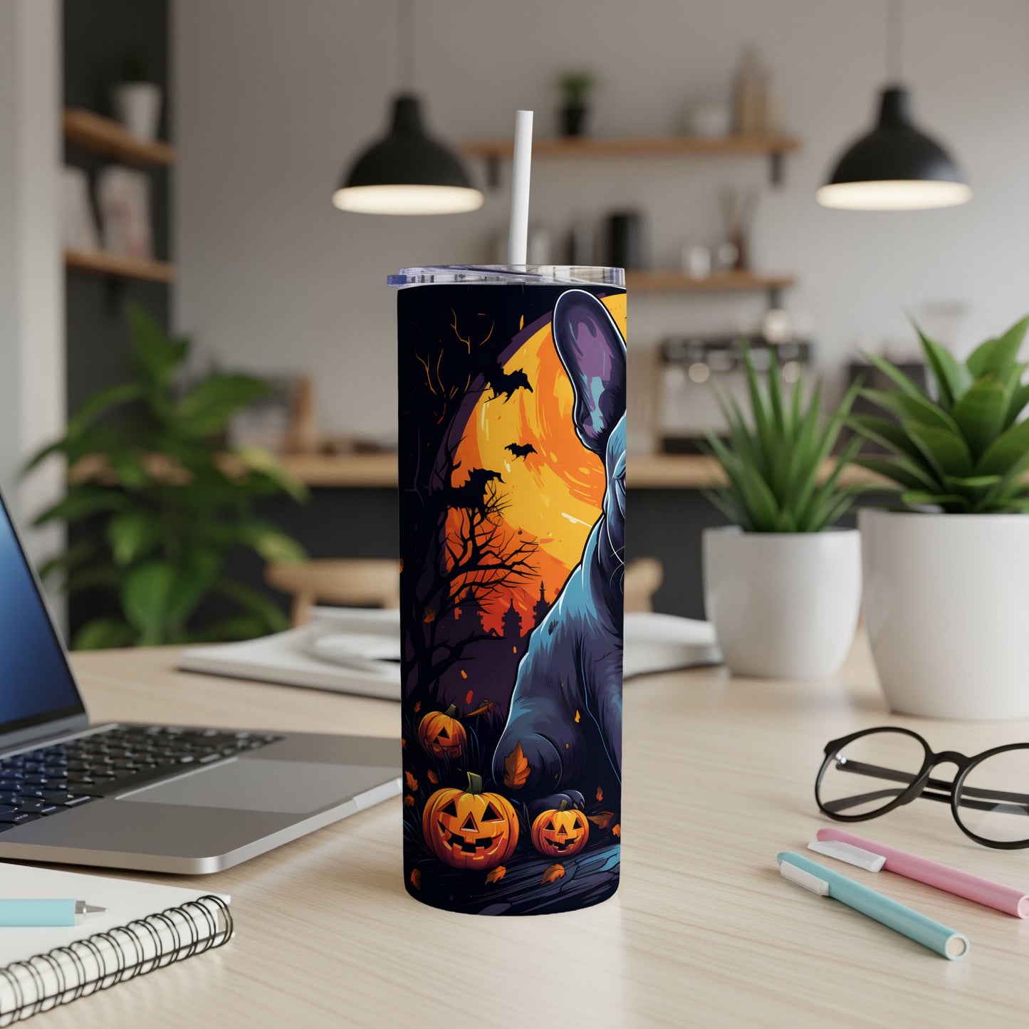 Halloween tumbler with French bulldog and jack-o'-lanterns.