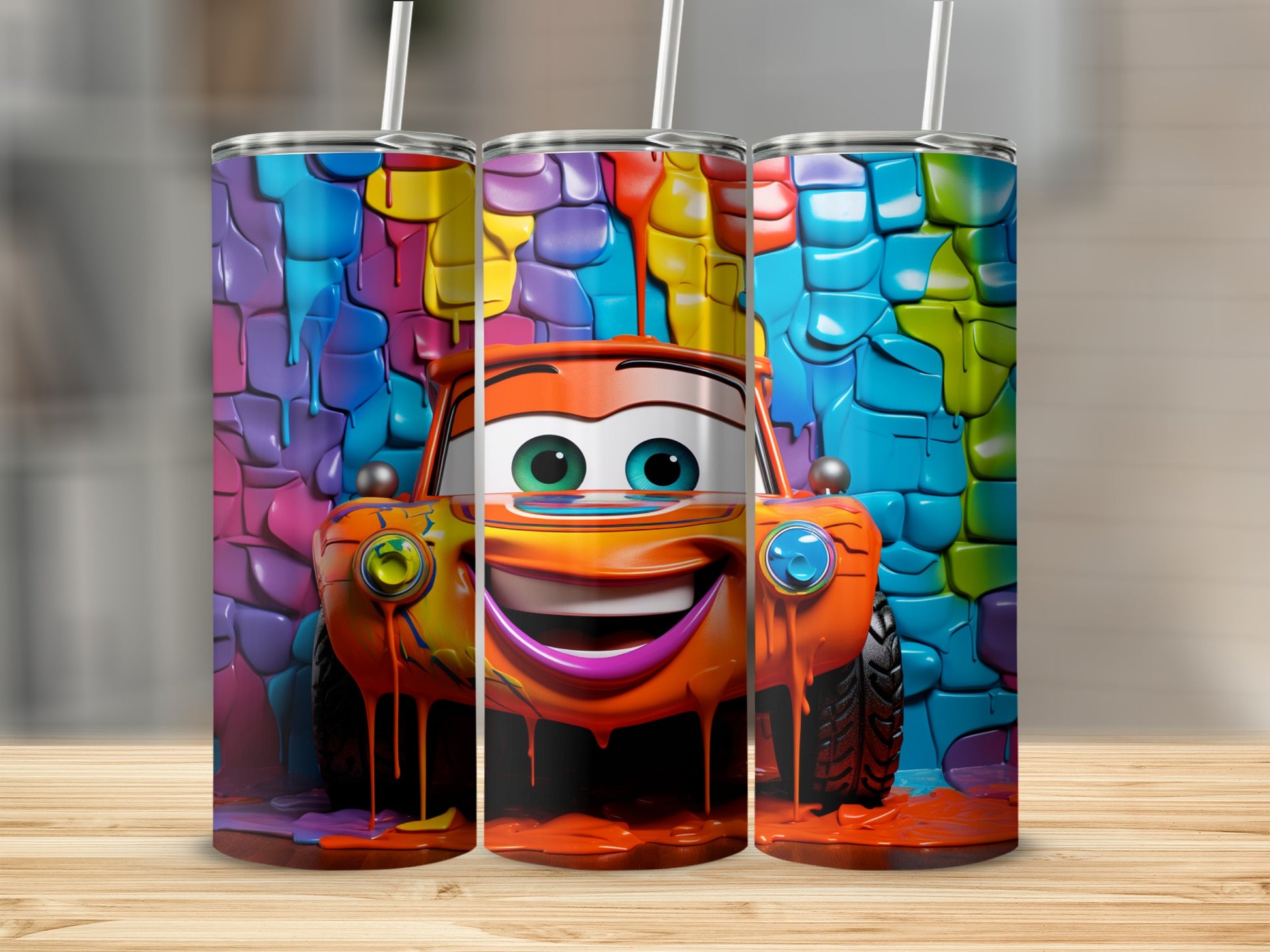 Colorful Car Character on Rainbow Background Tumbler