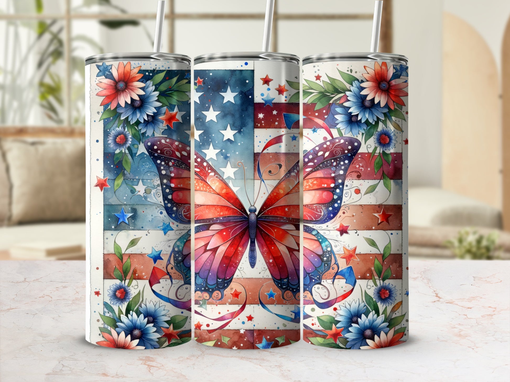 Tumbler with American flag butterfly and floral design.