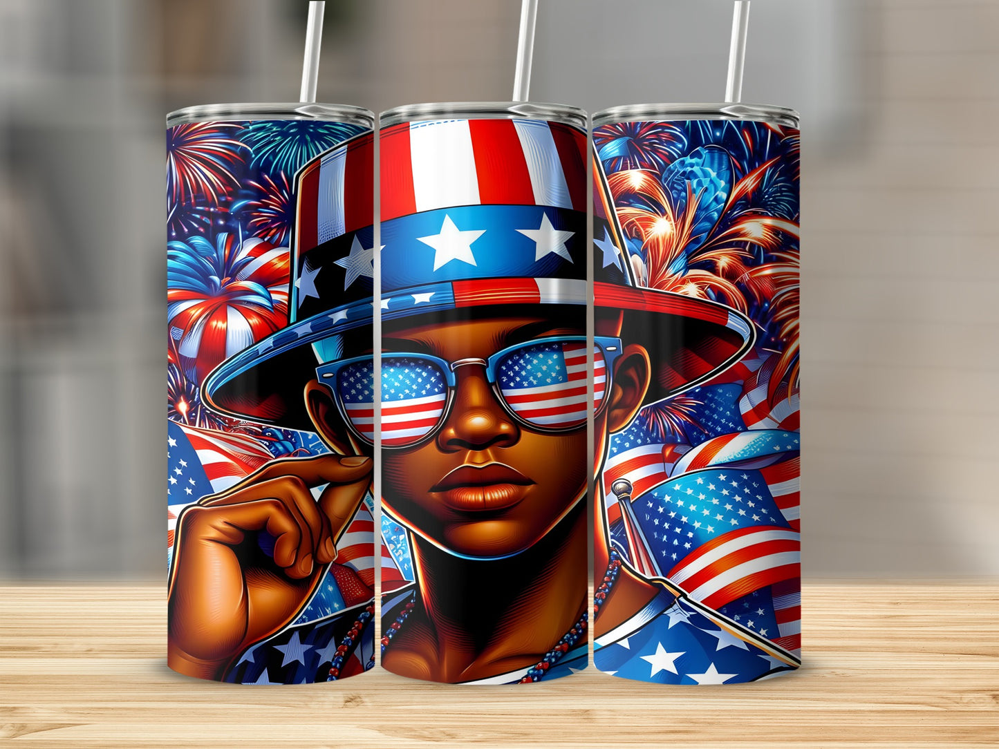 Patriotic man wearing sunglasses and hat with American flags and fireworks.