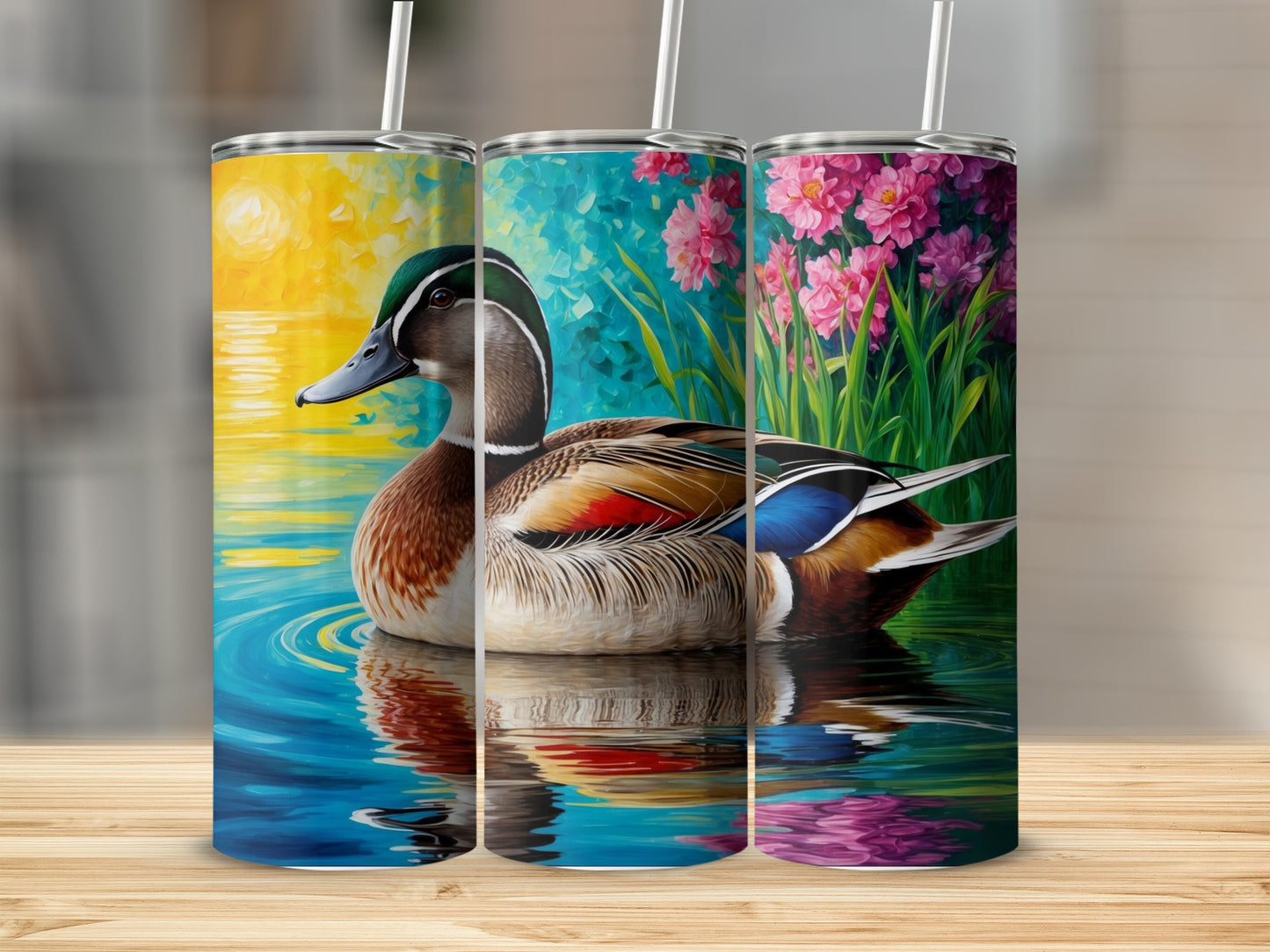 Wood duck on water with colorful floral background.