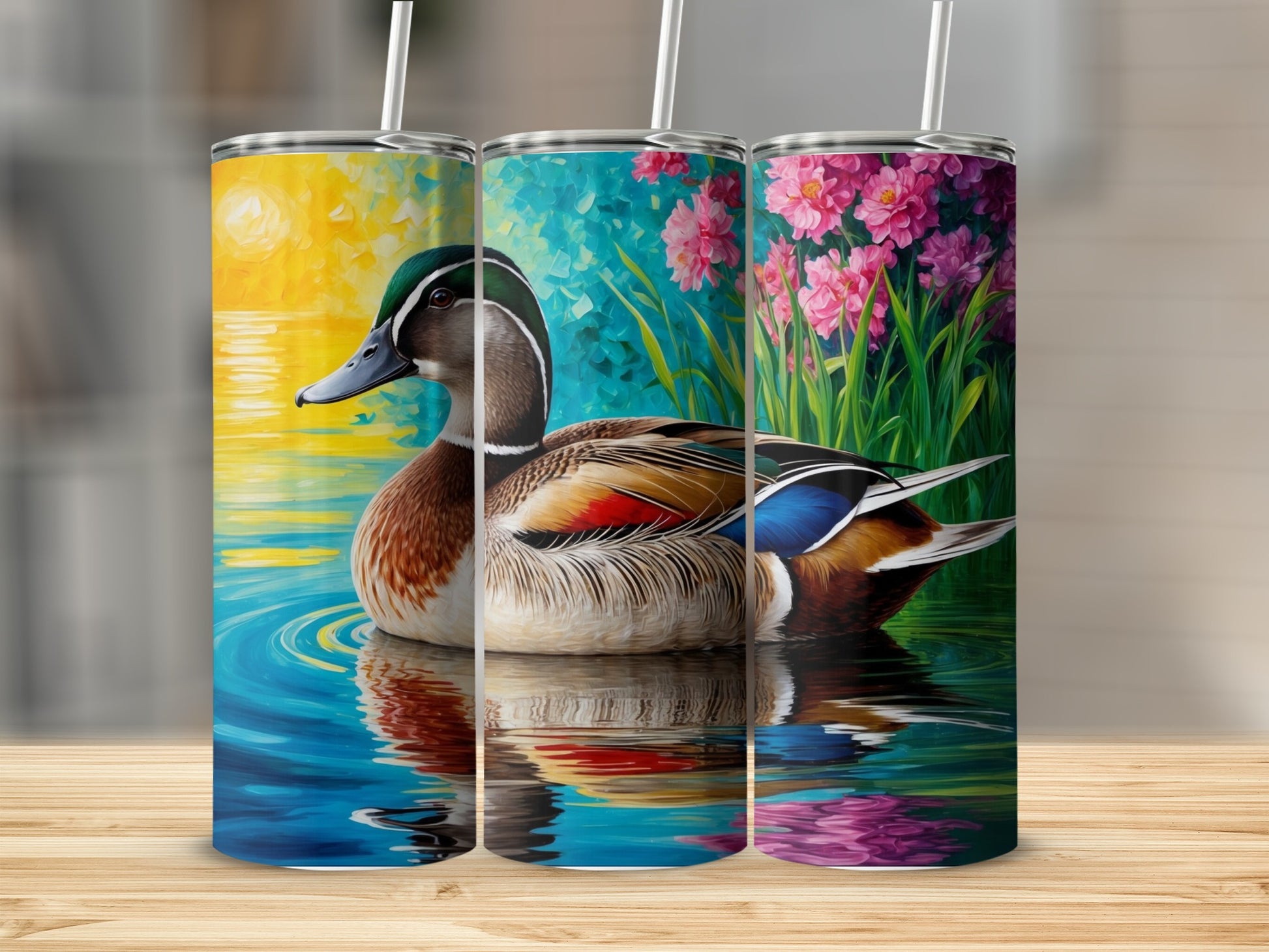 Wood duck on water with colorful floral background.
