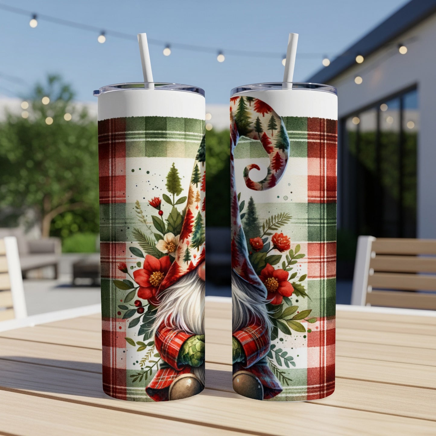Two tumblers featuring a gnome with a plaid hat and floral accents.