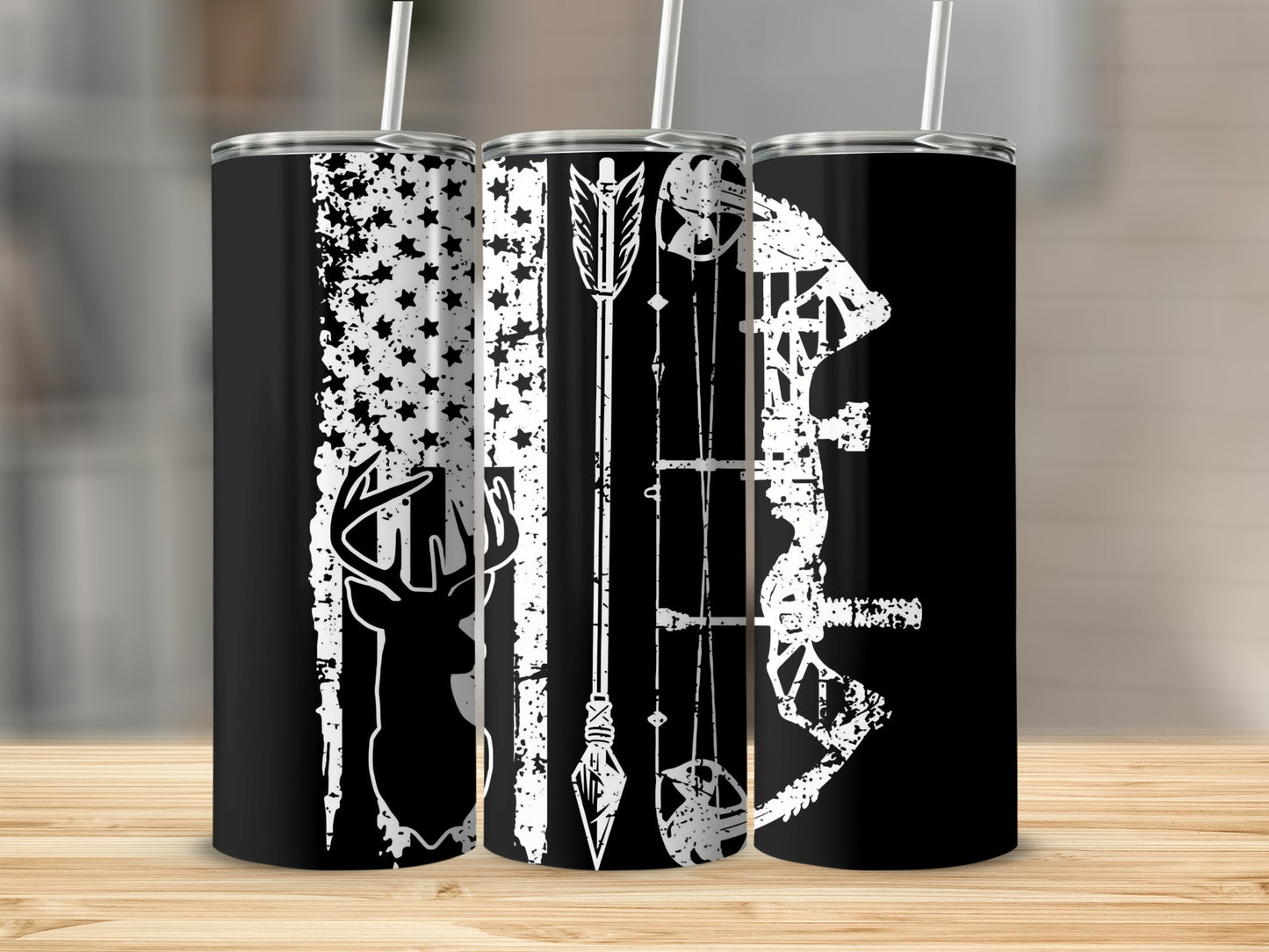 Deer Arrow and Bow Black White Tumbler Product